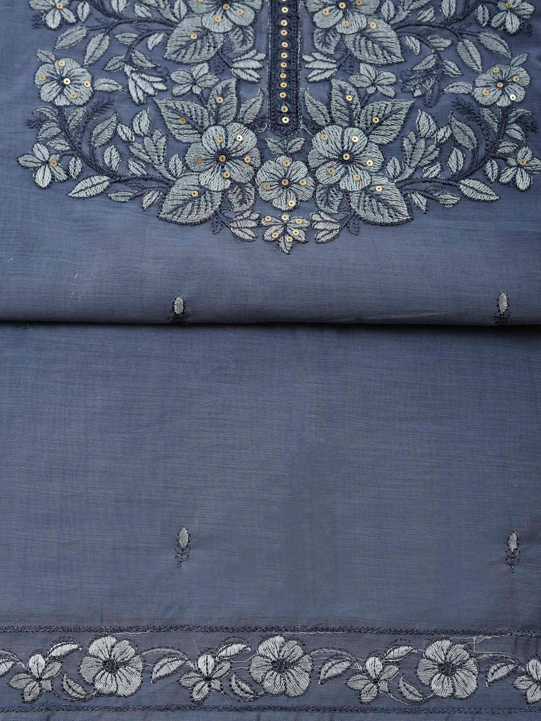 Grey Blue Chanderi Embroidered Unstitched Dress Material