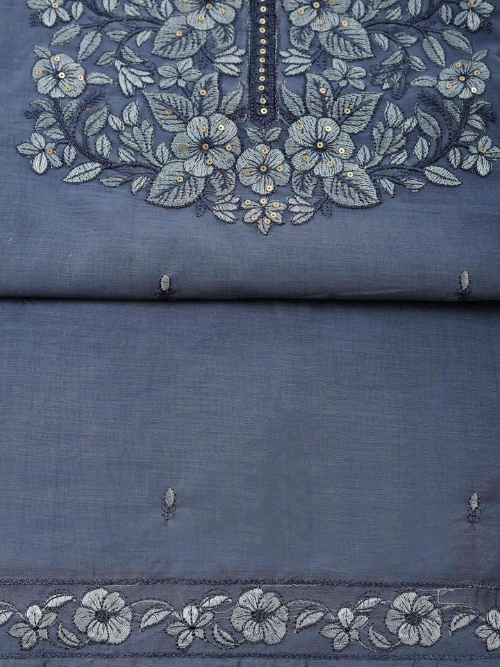 Grey Blue Chanderi Embroidered Unstitched Dress Material