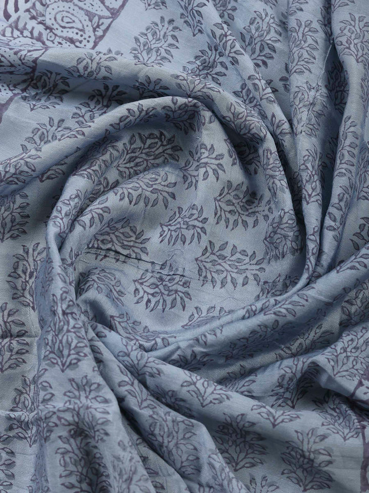 Grey Blue Chanderi Embroidered Unstitched Dress Material