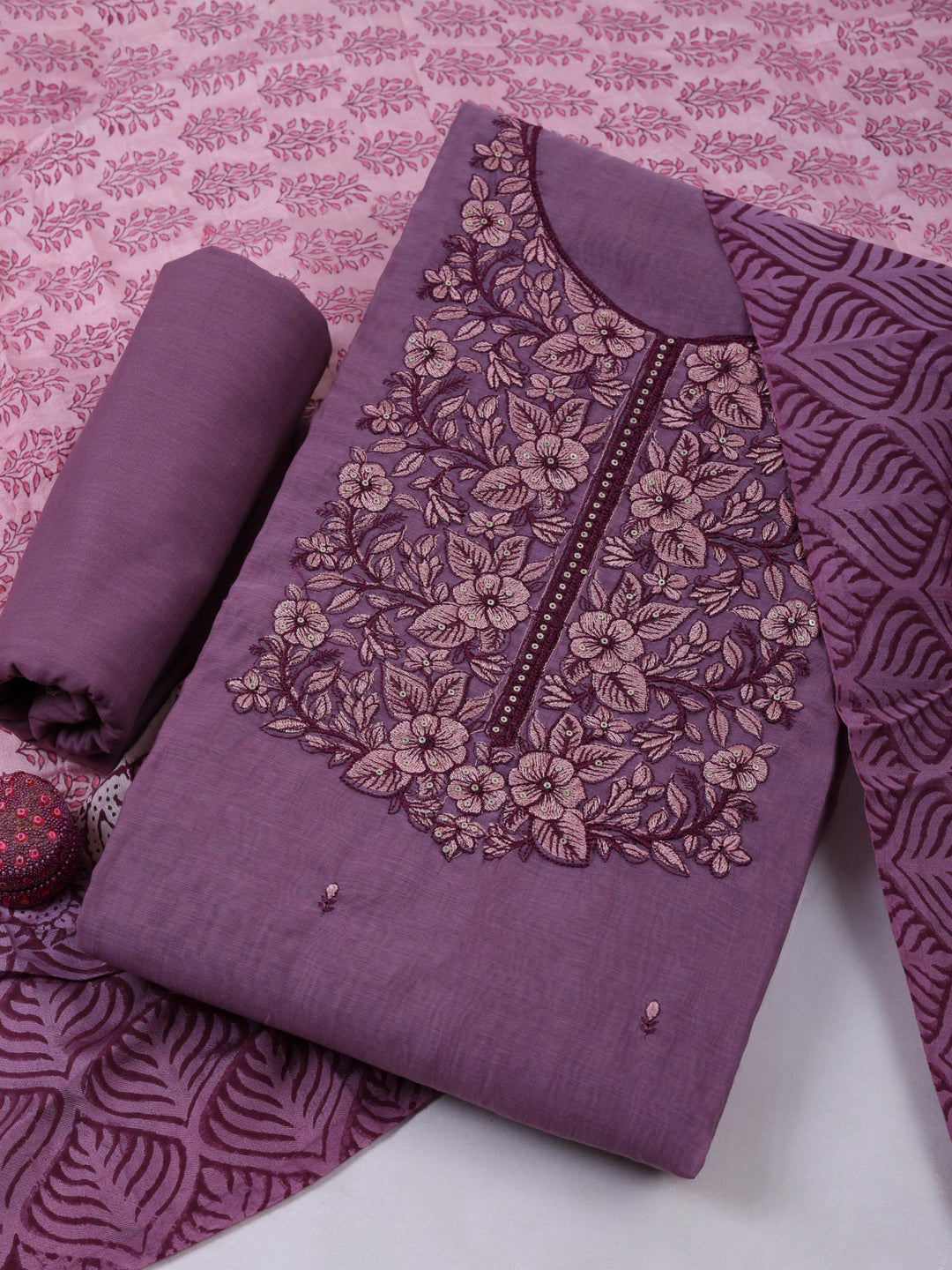 Lavender Chanderi Embroidered Unstitched Dress Material
