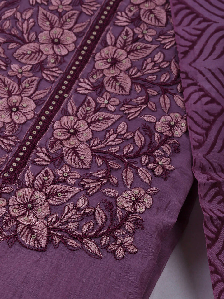 Lavender Chanderi Embroidered Unstitched Dress Material