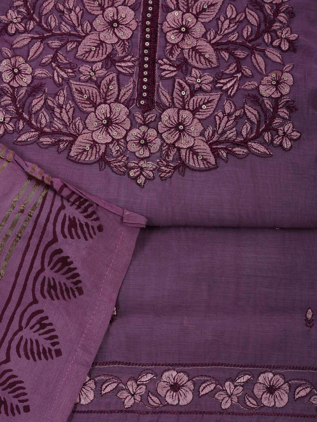 Lavender Chanderi Embroidered Unstitched Dress Material