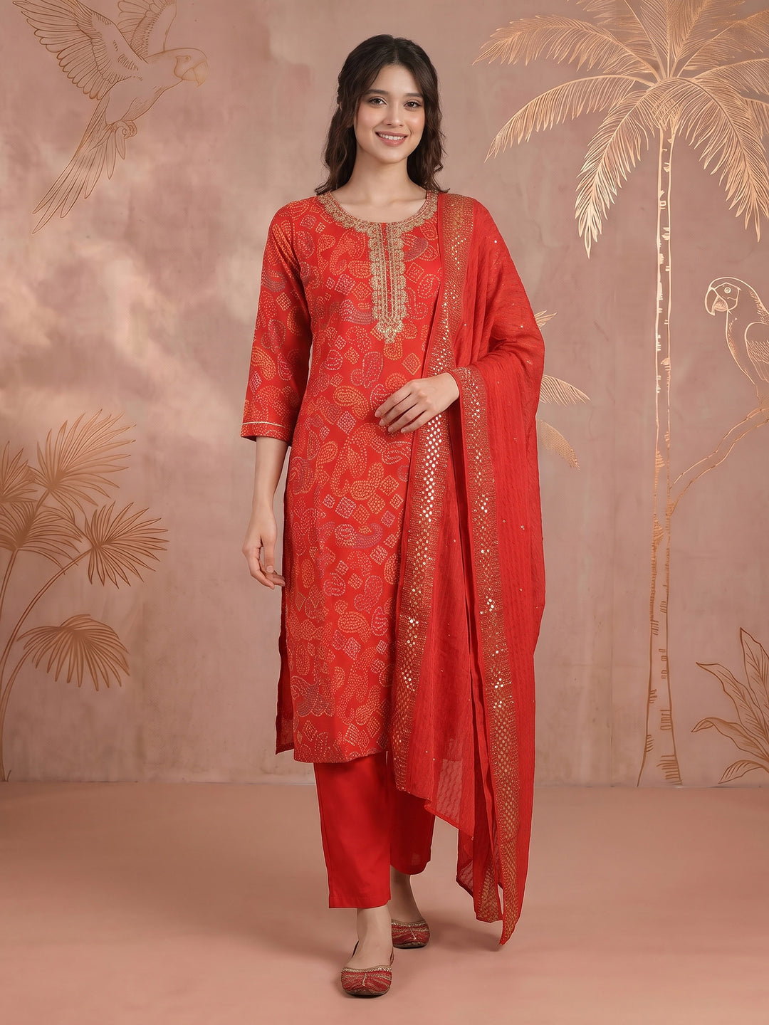Red Embroidered Art Silk Kurta With Pant &amp; Dupatta