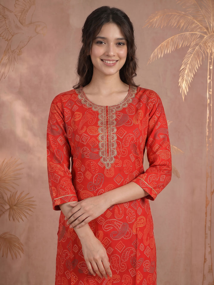 Red Embroidered Art Silk Kurta With Pant &amp; Dupatta