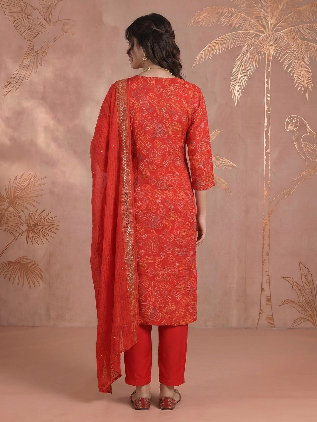 Red Embroidered Art Silk Kurta With Pant &amp; Dupatta