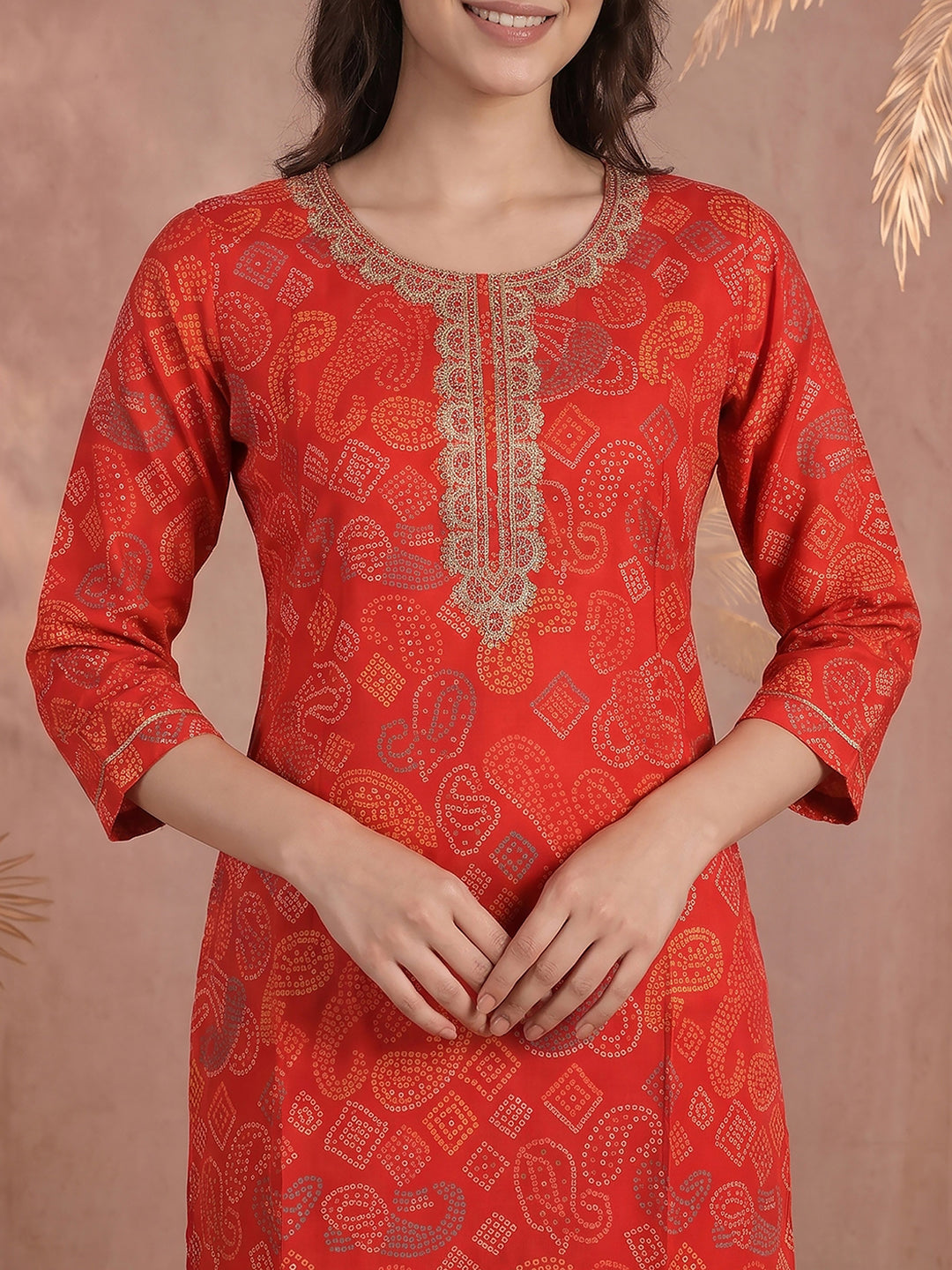 Red Embroidered Art Silk Kurta With Pant &amp; Dupatta