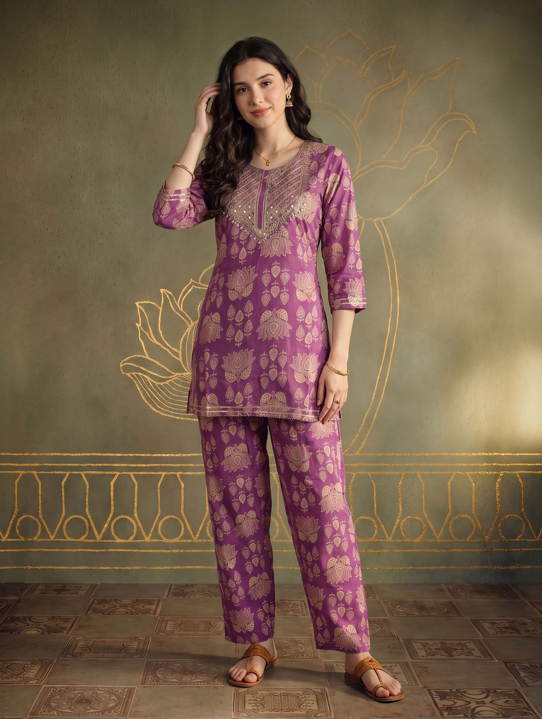 Purple Embroidered Cotton Blend Kurta Set