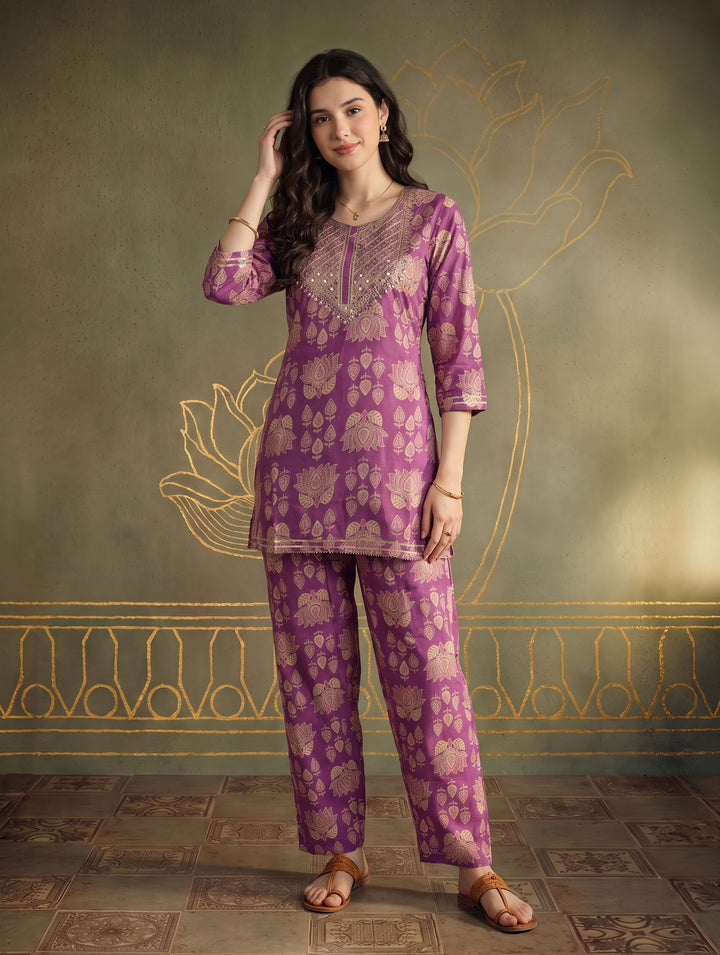 Purple Embroidered Cotton Blend Kurta Set
