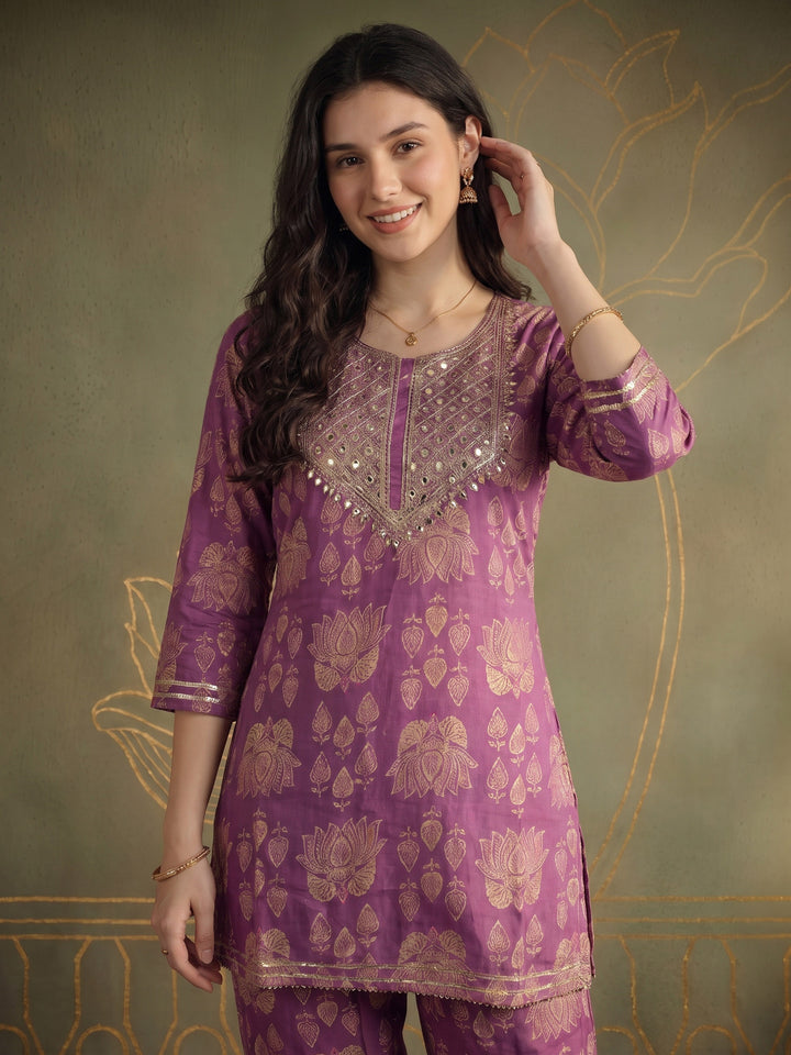 Purple Embroidered Cotton Blend Kurta Set