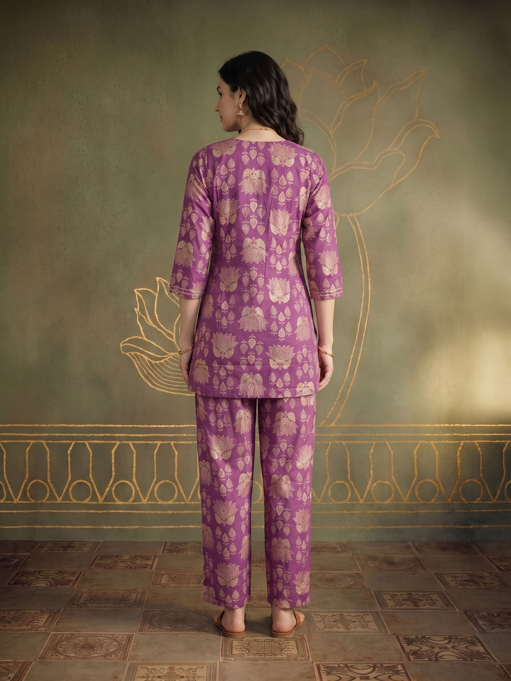 Purple Embroidered Cotton Blend Kurta Set
