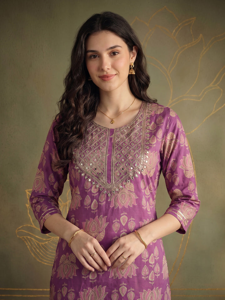 Purple Embroidered Cotton Blend Kurta Set
