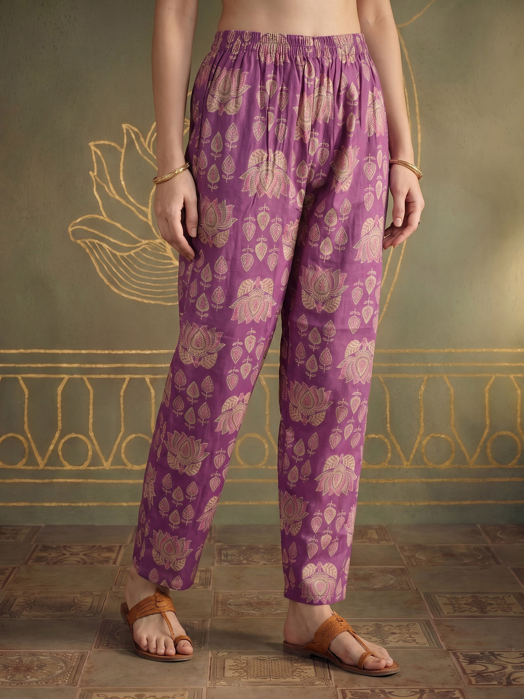 Purple Embroidered Cotton Blend Kurta Set