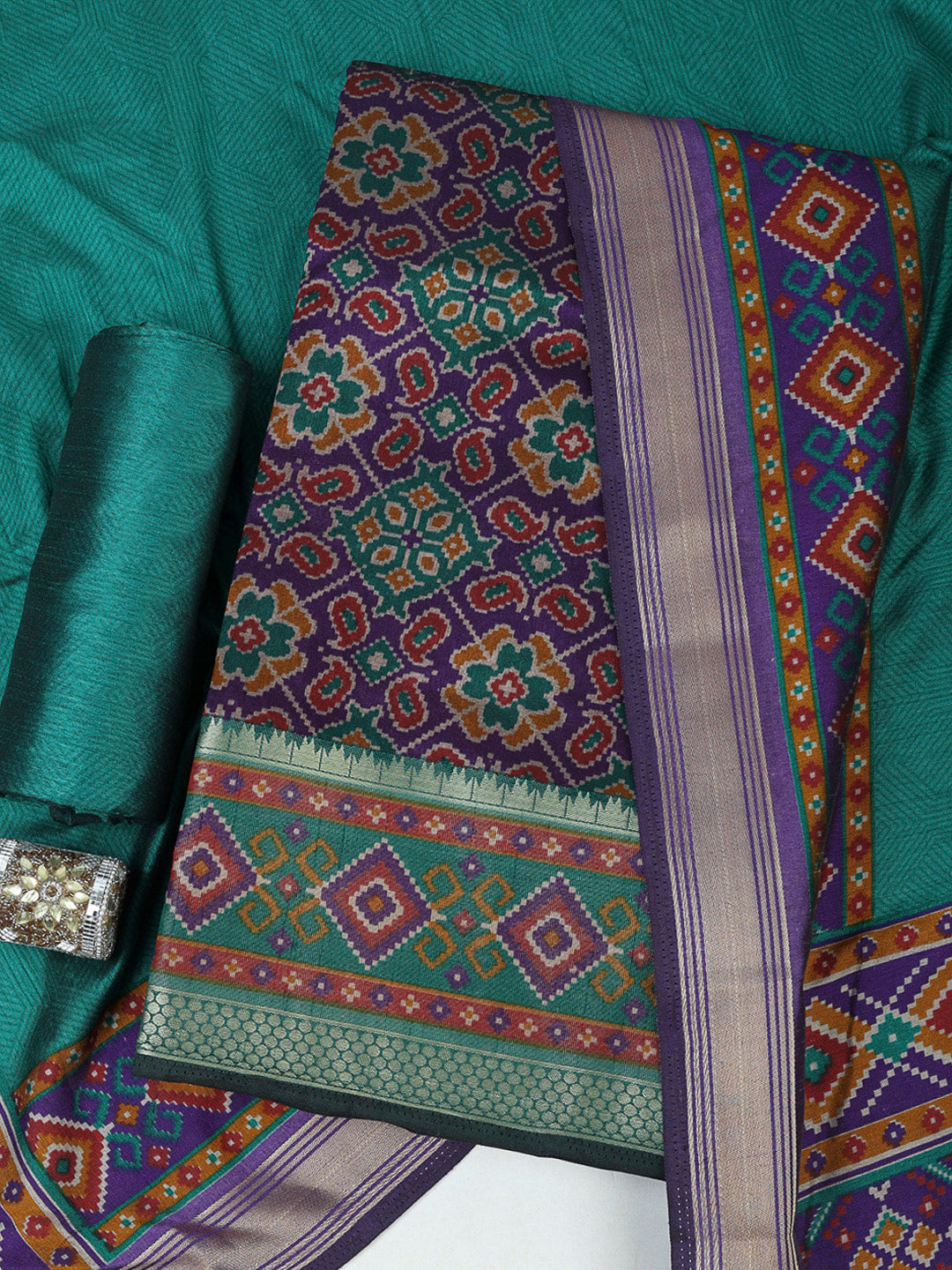 Blue Chanderi Printed Unstitched Dress Material