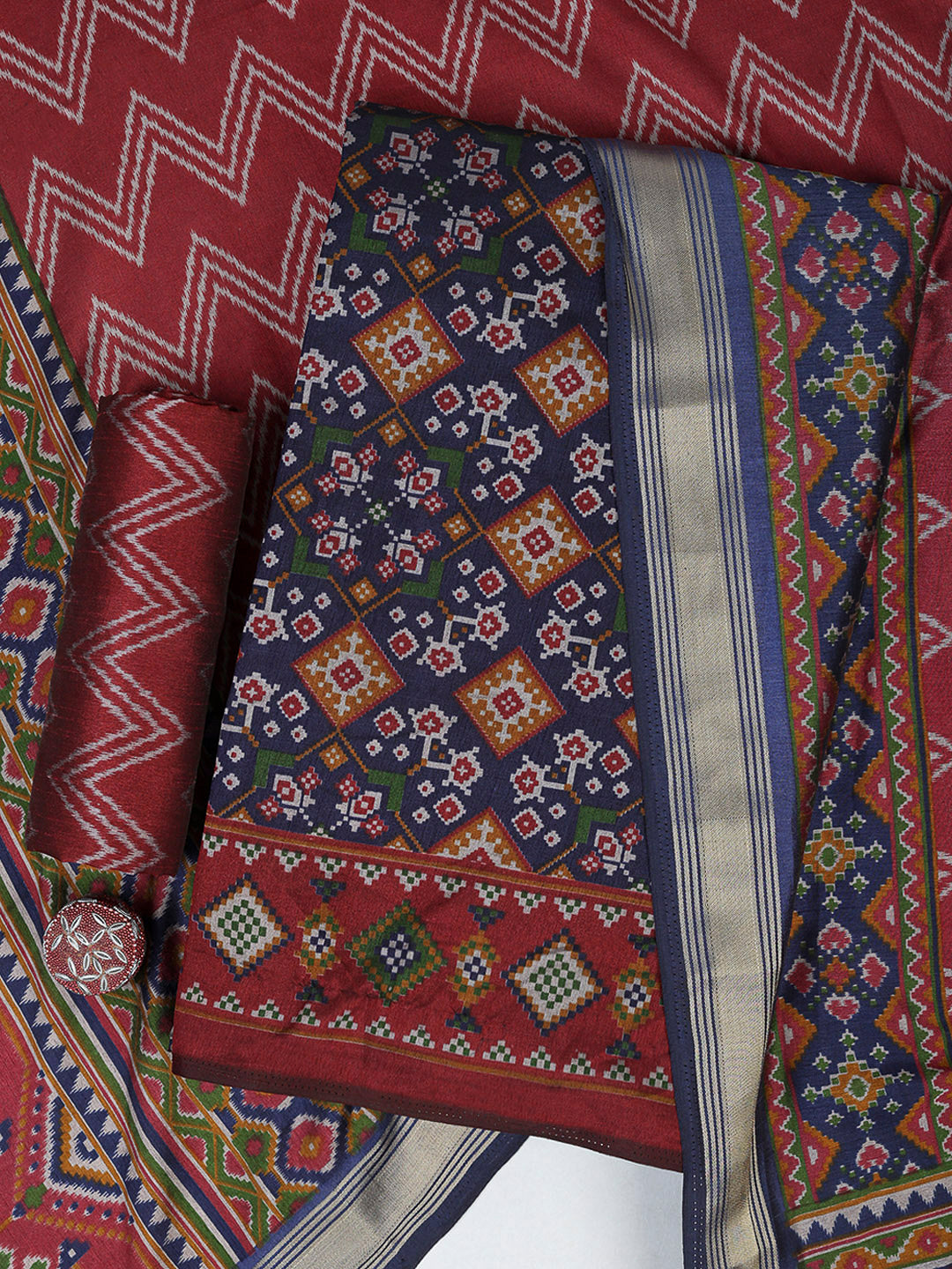 Navy Blue Chanderi Printed Unstitched Dress Material