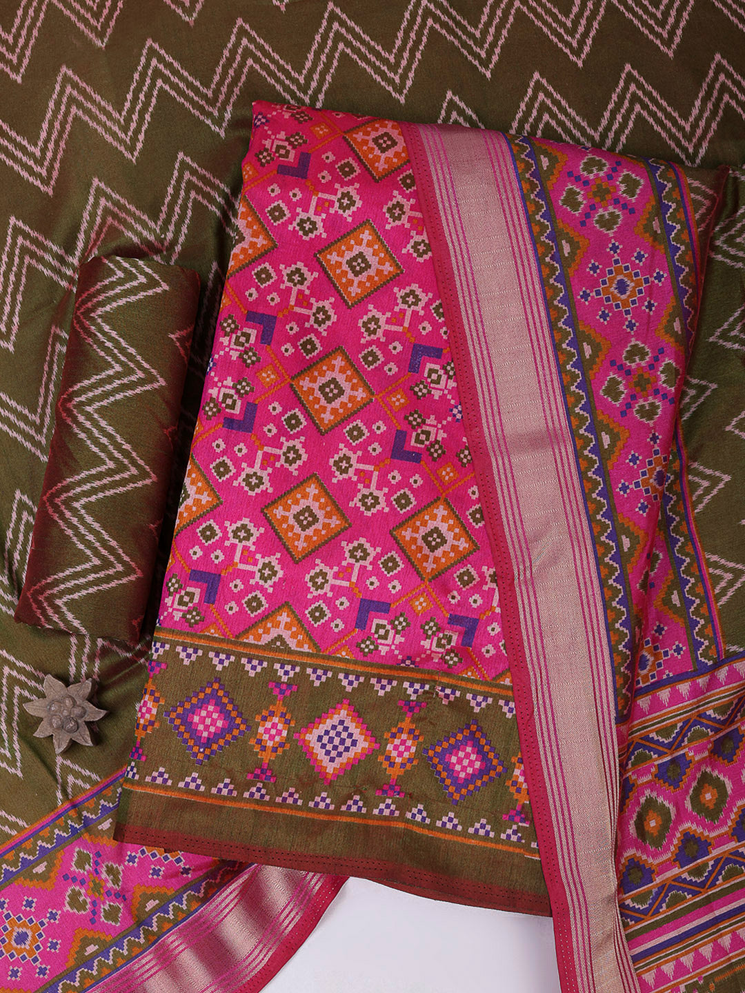 Pink Chanderi Printed Unstitched Dress Material