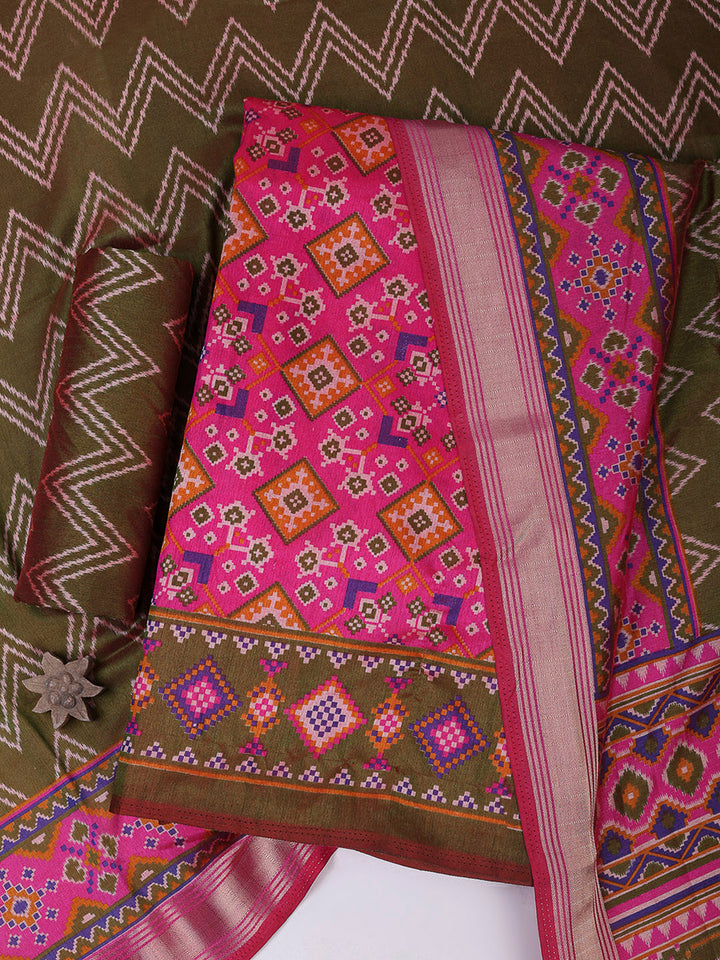 Pink Chanderi Printed Unstitched Dress Material