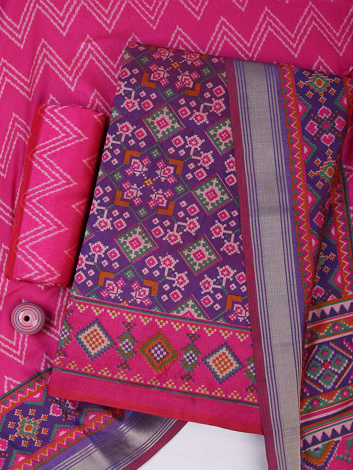 Purple Chanderi Printed Unstitched Dress Material