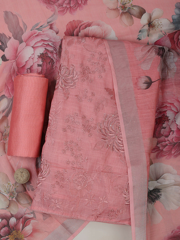Peach Cotton Blend Embroidered Unstitched Dress Material