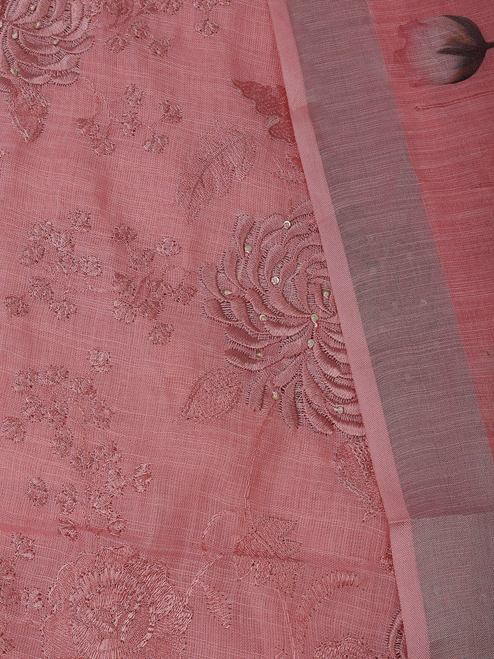 Peach Cotton Blend Embroidered Unstitched Dress Material