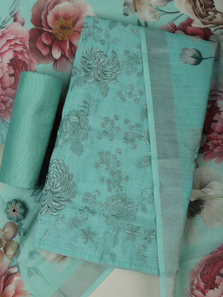 Sea Green Cotton Blend Embroidered Unstitched Dress Material