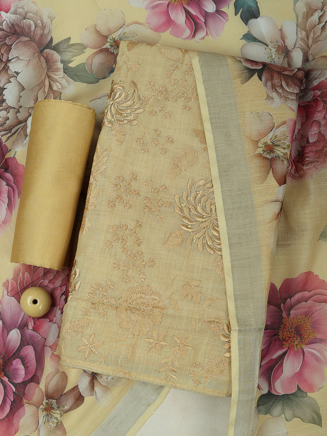 Yellow Cotton Blend Embroidered Unstitched Dress Material
