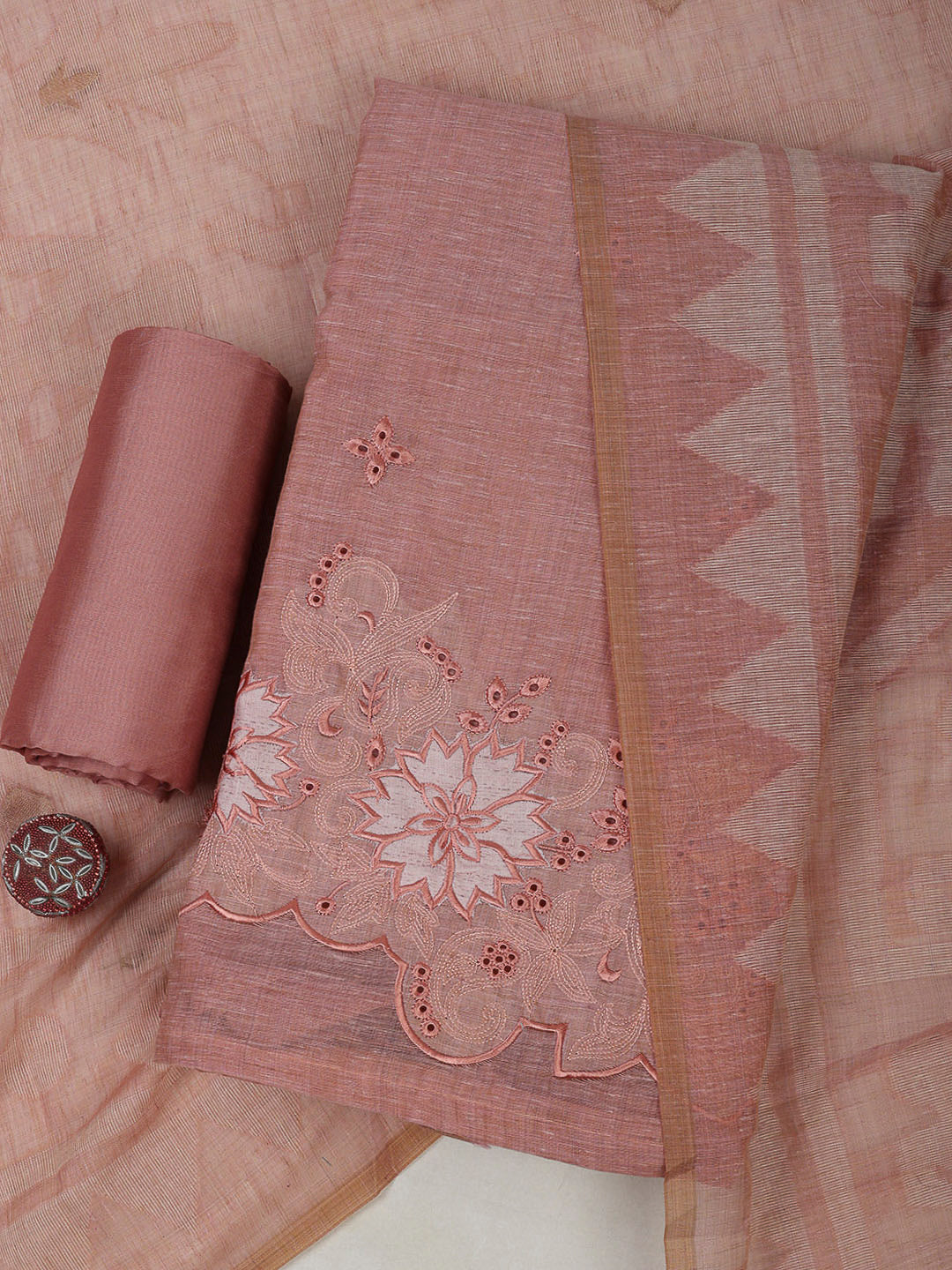 Peach Cotton Blend Embroidered Unstitched Dress Material