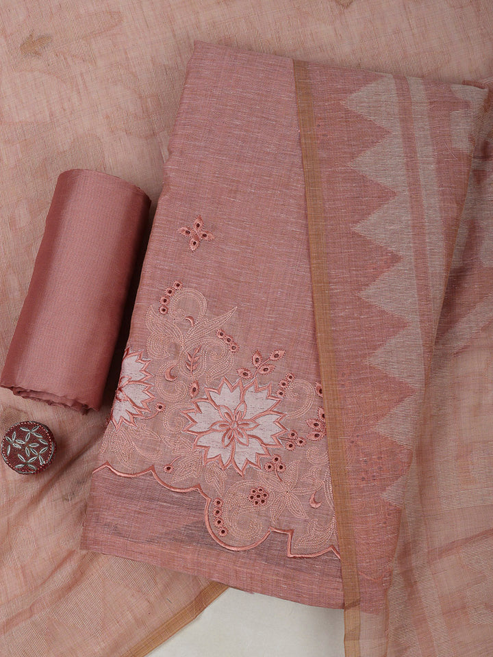 Peach Cotton Blend Embroidered Unstitched Dress Material