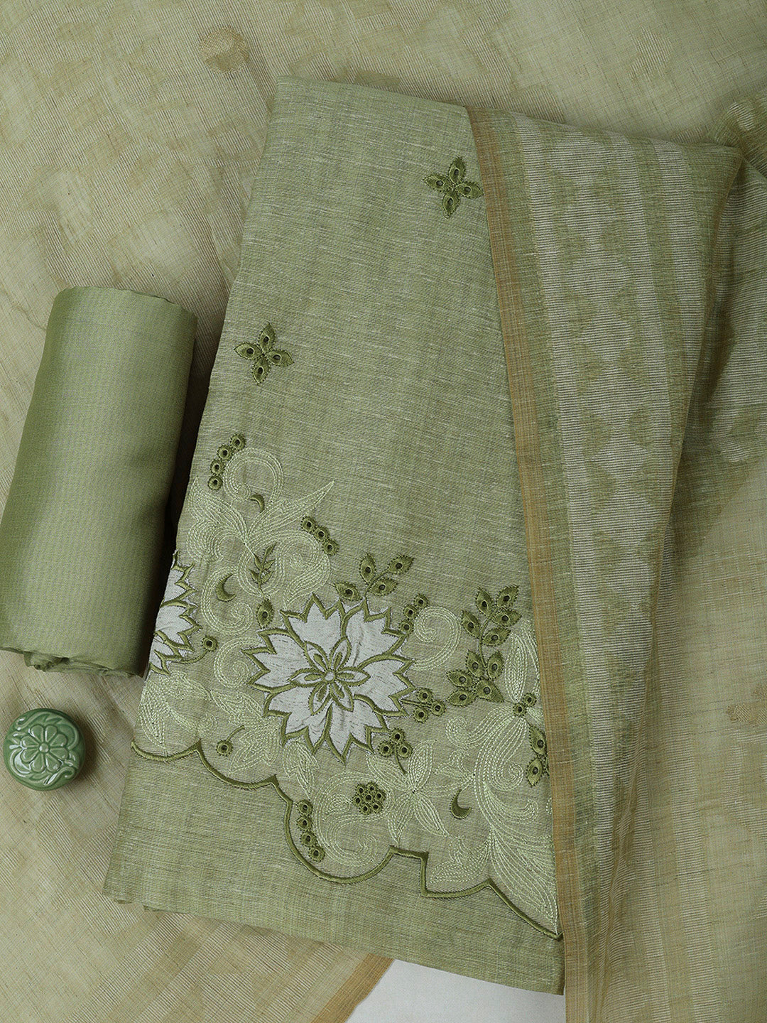 Pista Green Cotton Blend Embroidered Unstitched Dress Material
