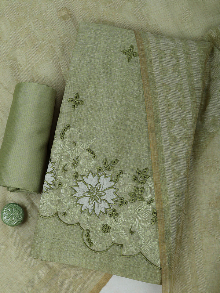 Pista Green Cotton Blend Embroidered Unstitched Dress Material