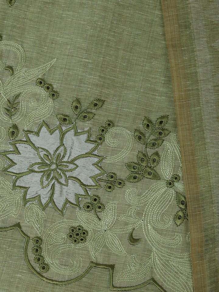 Pista Green Cotton Blend Embroidered Unstitched Dress Material