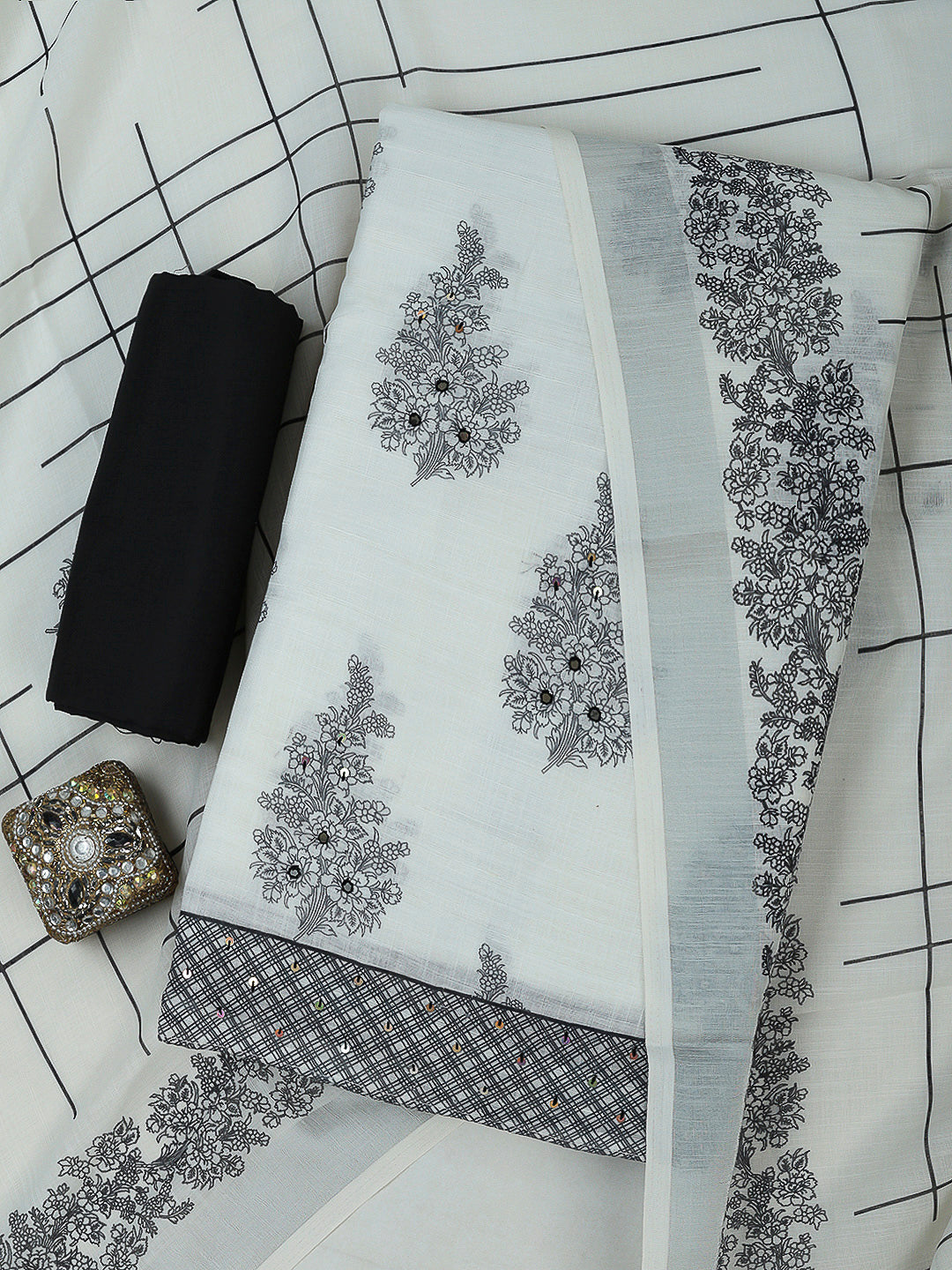 Off White Cotton Blend Printed Unstitched Dress Material