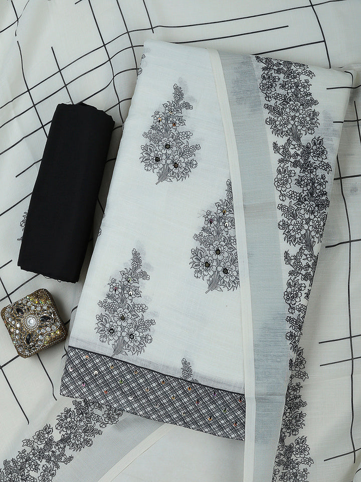 Off White Cotton Blend Printed Unstitched Dress Material