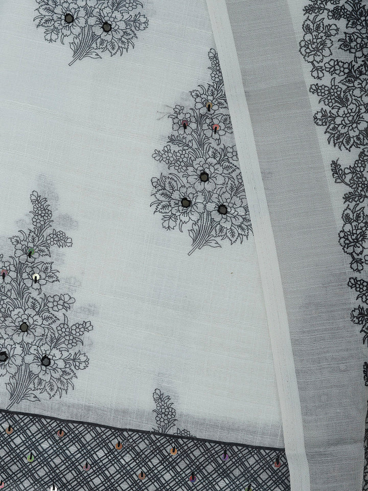 Off White Cotton Blend Printed Unstitched Dress Material