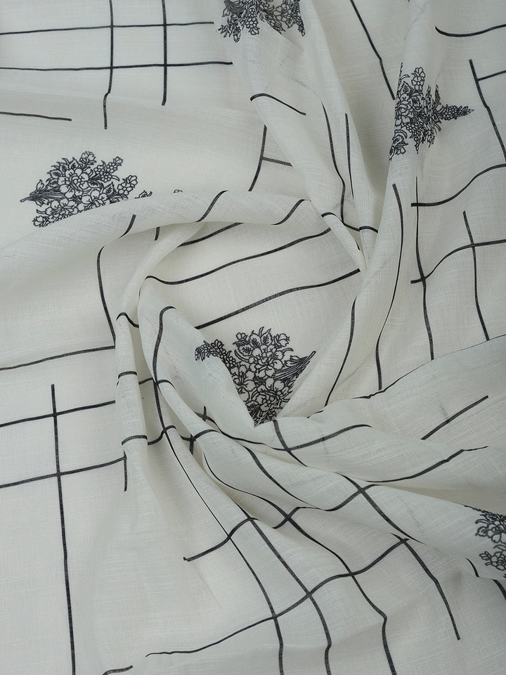 Off White Cotton Blend Printed Unstitched Dress Material