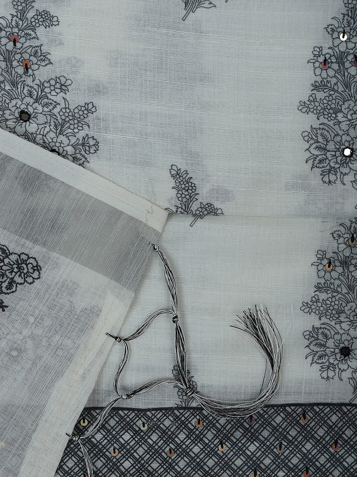 Off White Cotton Blend Printed Unstitched Dress Material