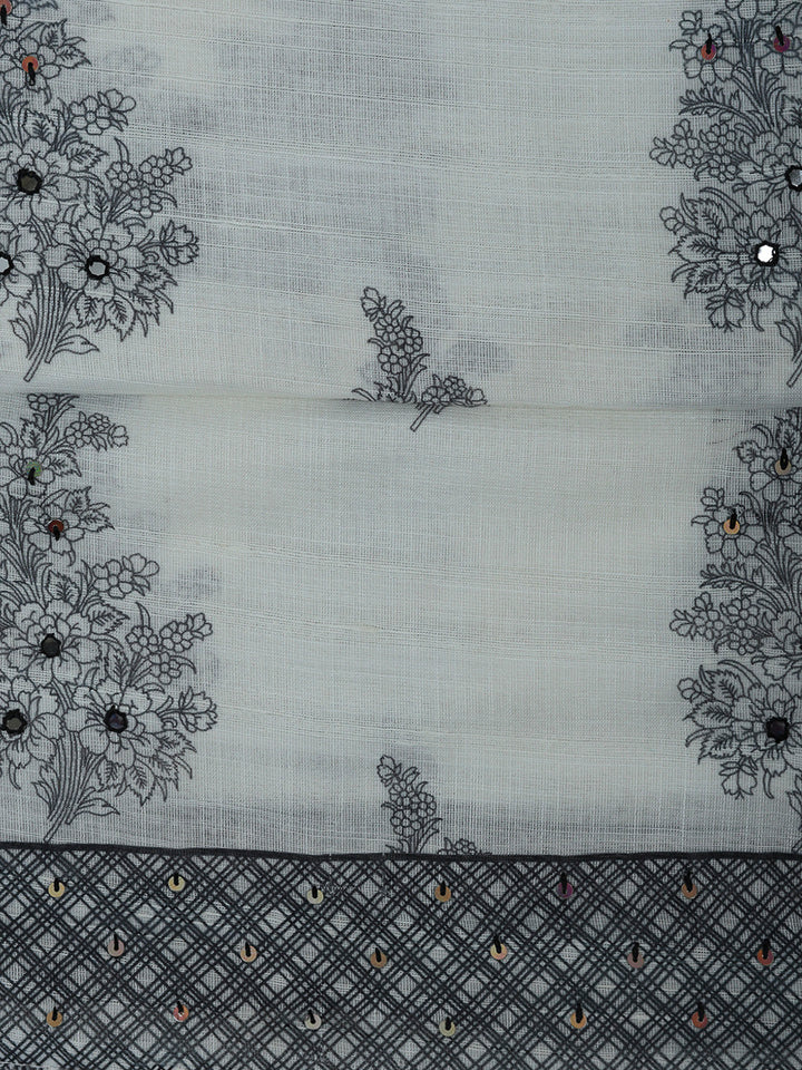 Off White Cotton Blend Printed Unstitched Dress Material