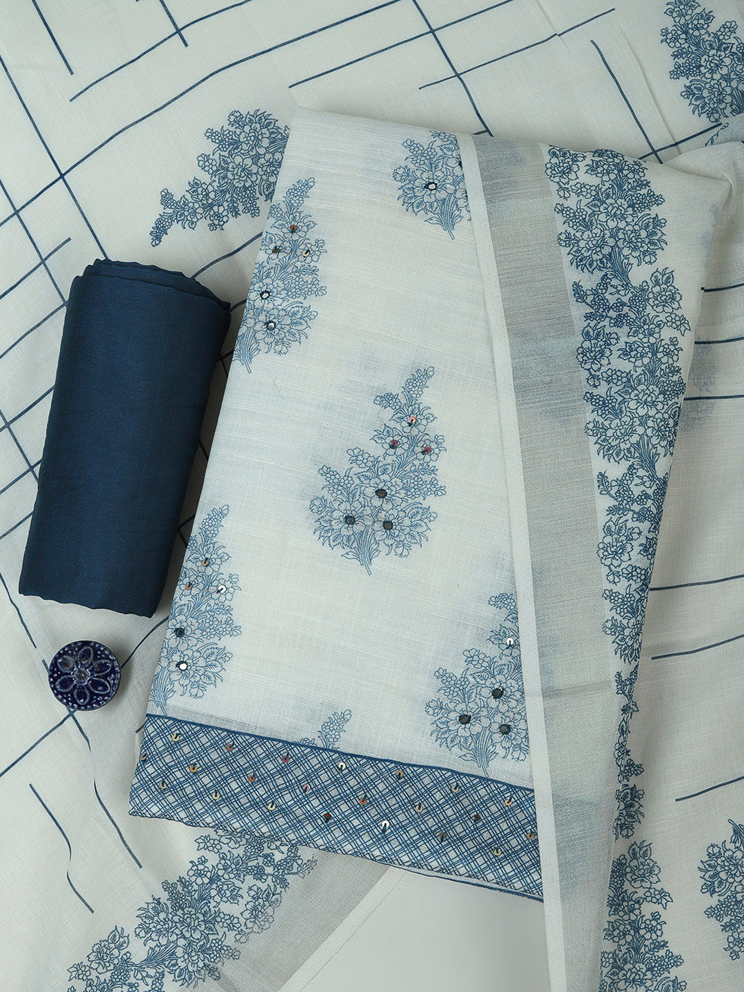 Off White Cotton Blend Printed Unstitched Dress Material
