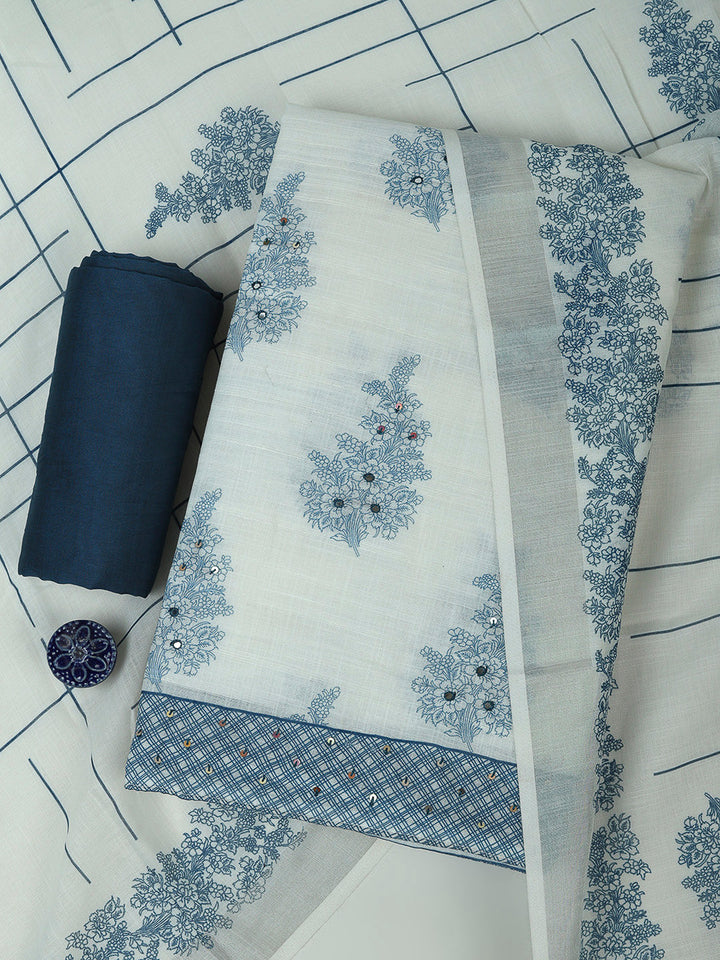 Off White Cotton Blend Printed Unstitched Dress Material