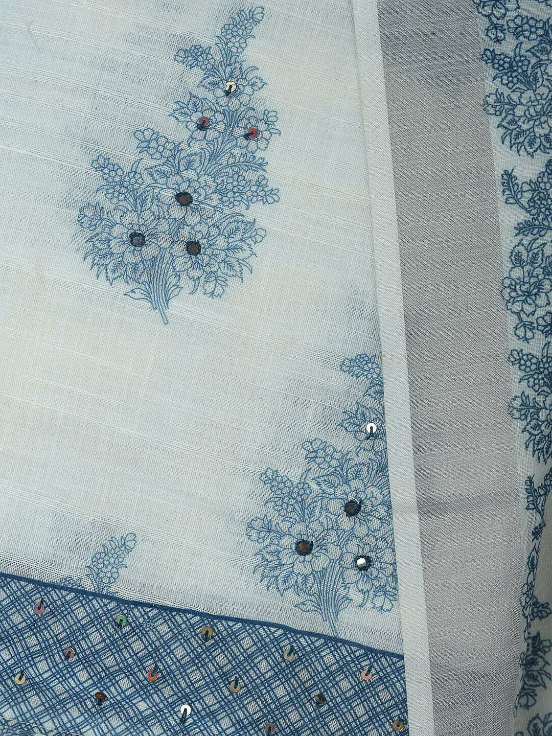 Off White Cotton Blend Printed Unstitched Dress Material