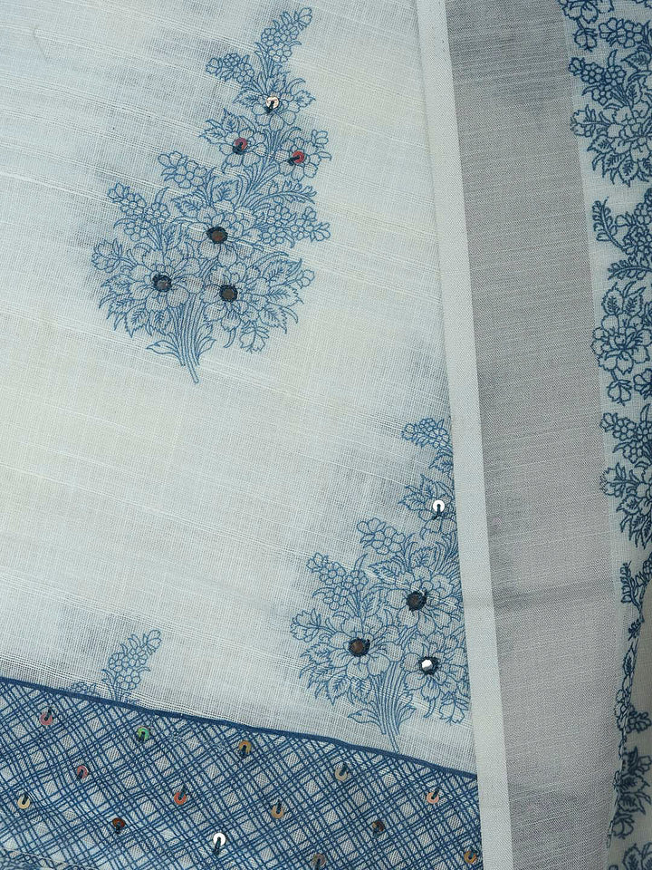 Off White Cotton Blend Printed Unstitched Dress Material