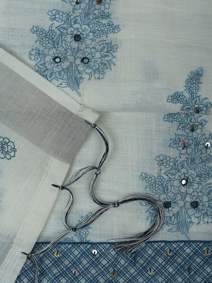 Off White Cotton Blend Printed Unstitched Dress Material
