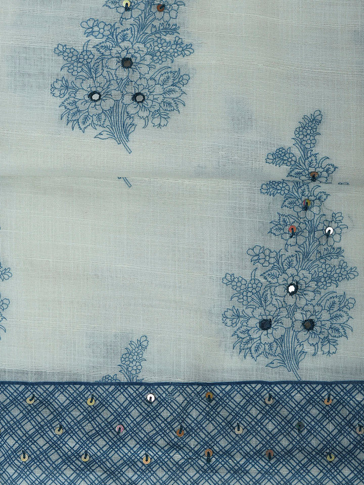 Off White Cotton Blend Printed Unstitched Dress Material