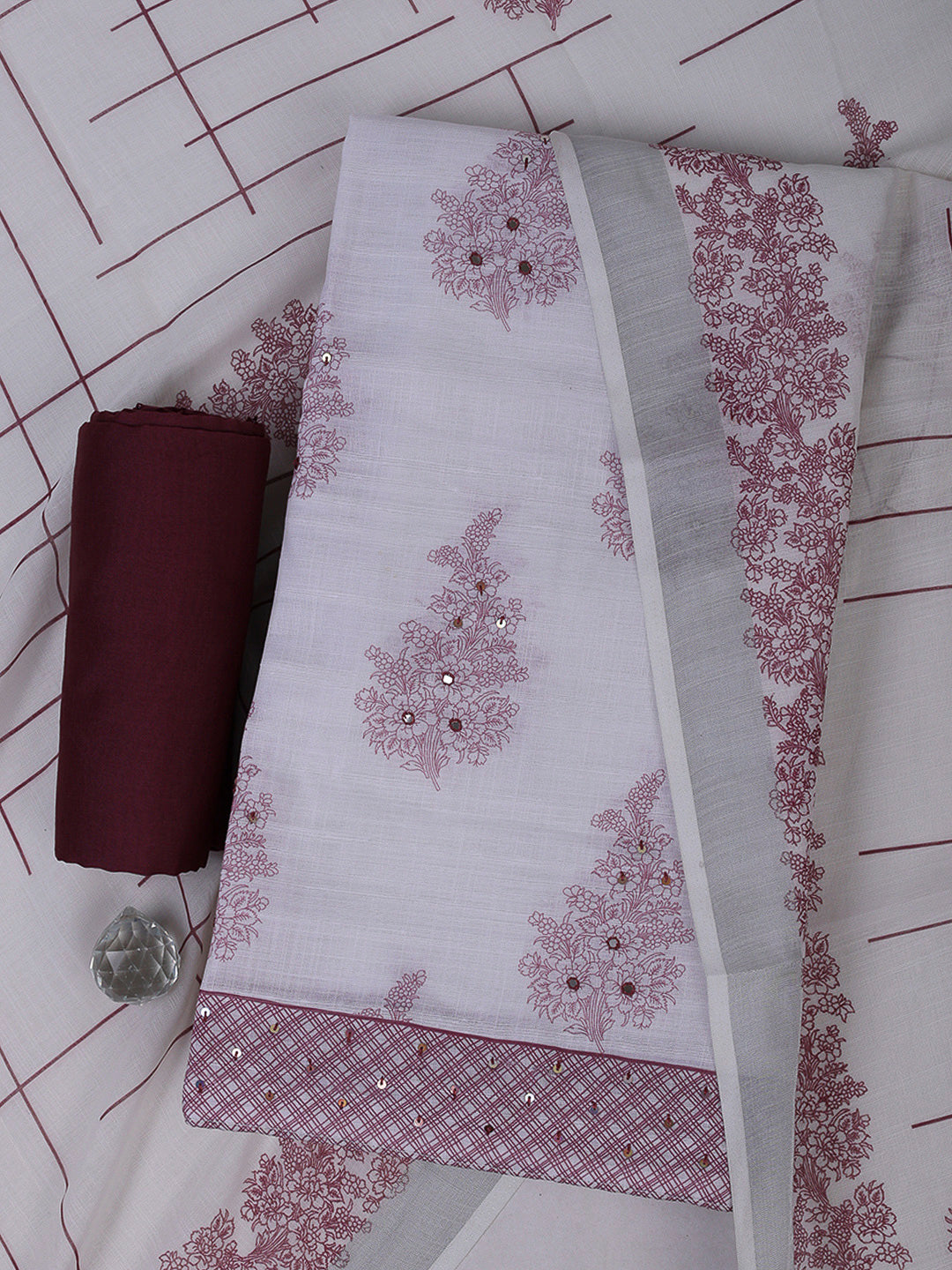 Off White Cotton Blend Printed Unstitched Dress Material