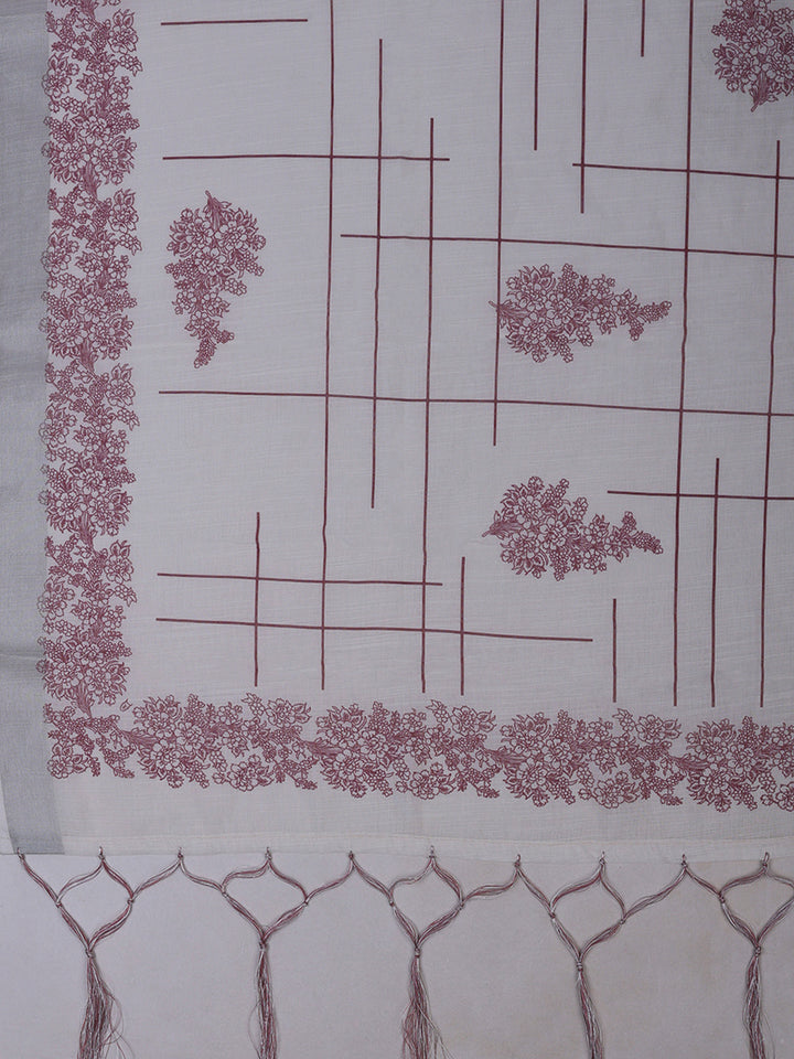 Off White Cotton Blend Printed Unstitched Dress Material