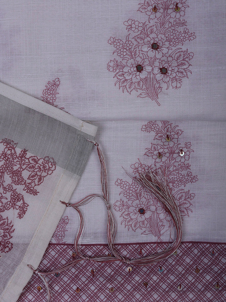 Off White Cotton Blend Printed Unstitched Dress Material