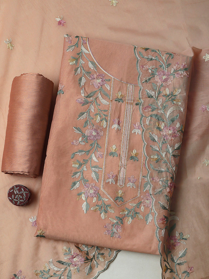 Peach Chanderi Embroidered Unstitched Dress Material
