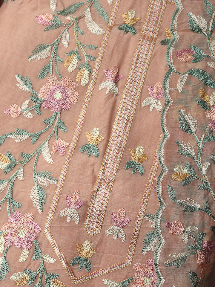 Peach Chanderi Embroidered Unstitched Dress Material