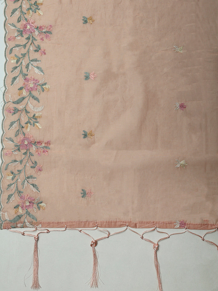 Peach Chanderi Embroidered Unstitched Dress Material