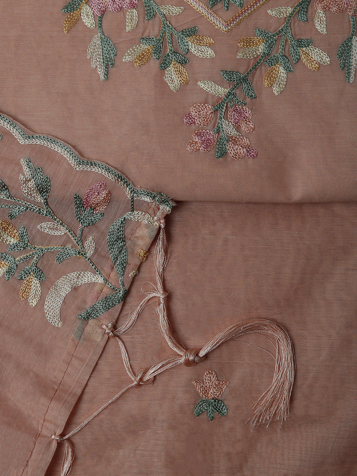 Peach Chanderi Embroidered Unstitched Dress Material