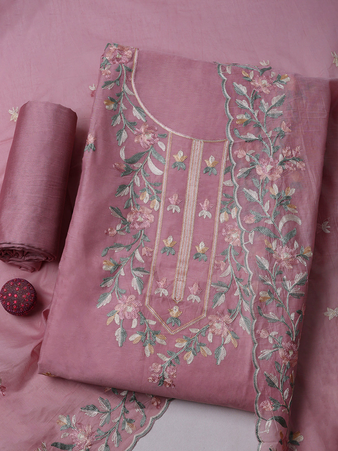 Pink Chanderi Embroidered Unstitched Dress Material
